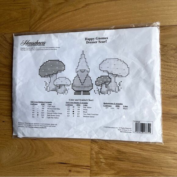 Happy Gnomes Pillowcase Pair and Dresser Scarf Cross Stitch Herrshners NEW - Picture 4 of 6